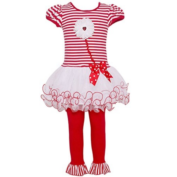 Bonnie Baby Girl Flower Tutu Dress Legging Set Outfit Red White Size 3-6 Mo New - Picture 4 of 7
